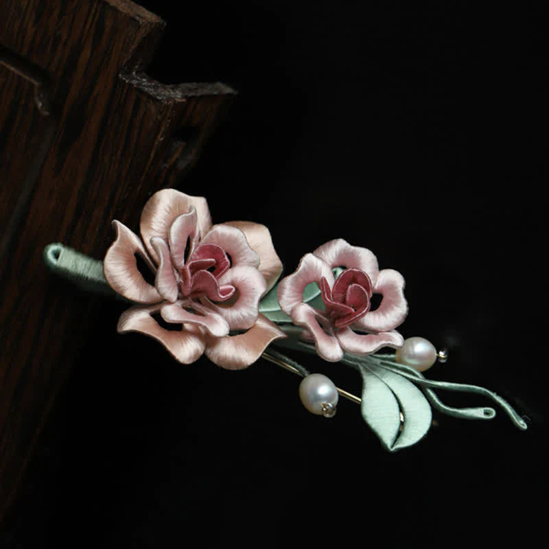 Buddha Stones Handcrafted Silk Art Twin Rose Flower Blessing Harmony Brooch