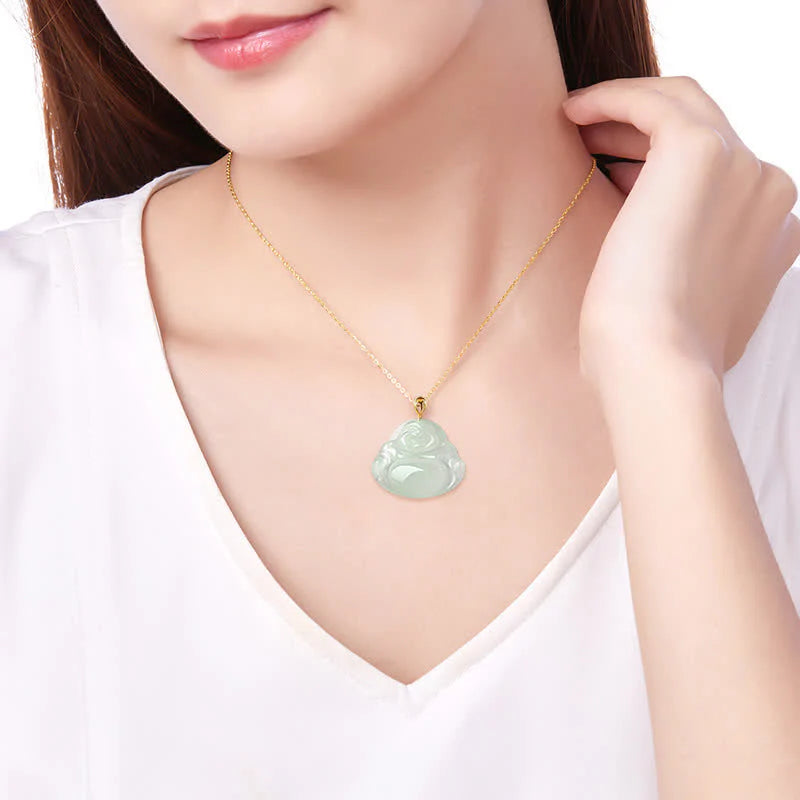 Buddha Stones Laughing Buddha Natural Jade Abundance Titanium Steel Chain Necklace Pendant