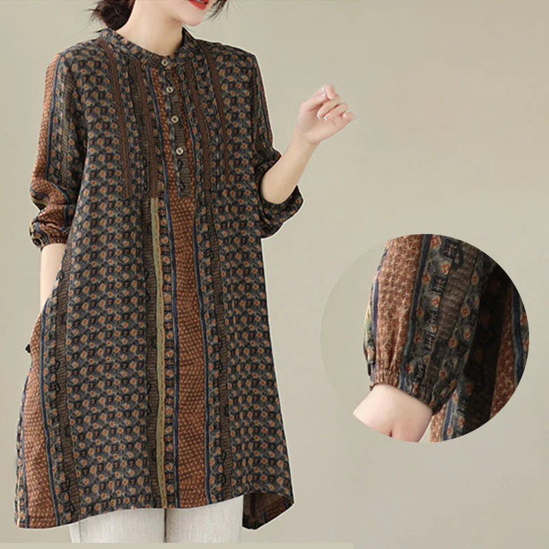 Buddha Stones Retro Printed Floral Women's Accordion Pleats Design Long Sleeve Shirt With Pockets