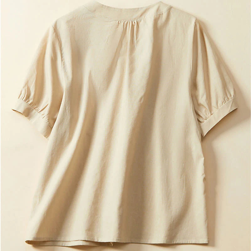 Buddha Stones Casual Plain Button Women's Short Sleeve Cotton Linen T-shirt