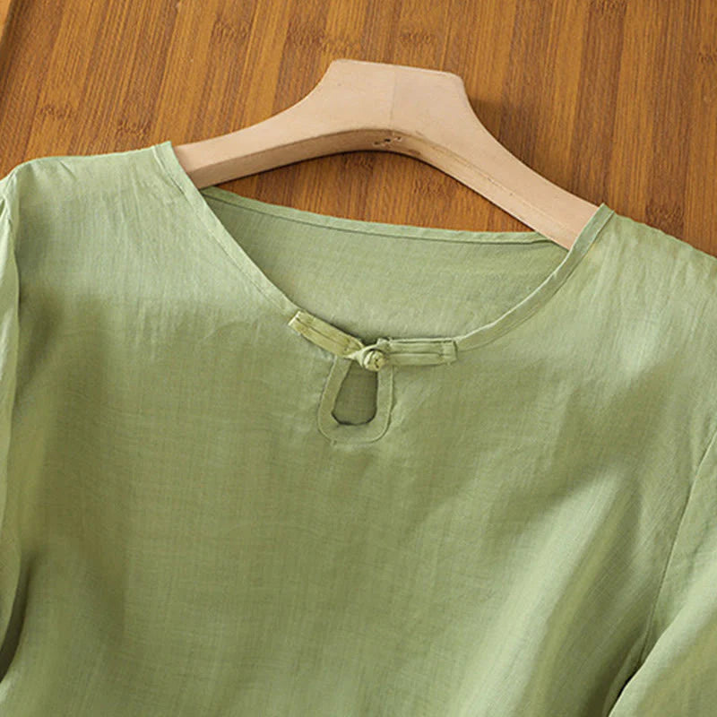 Buddha Stones Casual Floral Embroidery Crew Neck Women's Frog-Button Polyester Half Sleeve Shirt