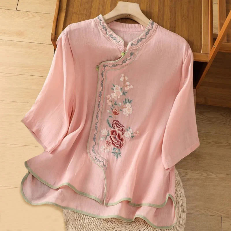 Buddha Stones Casual Ethnic Style Embroidery Flower Pattern Frog-Button Stand Collar Women's Cotton Linen Shirt