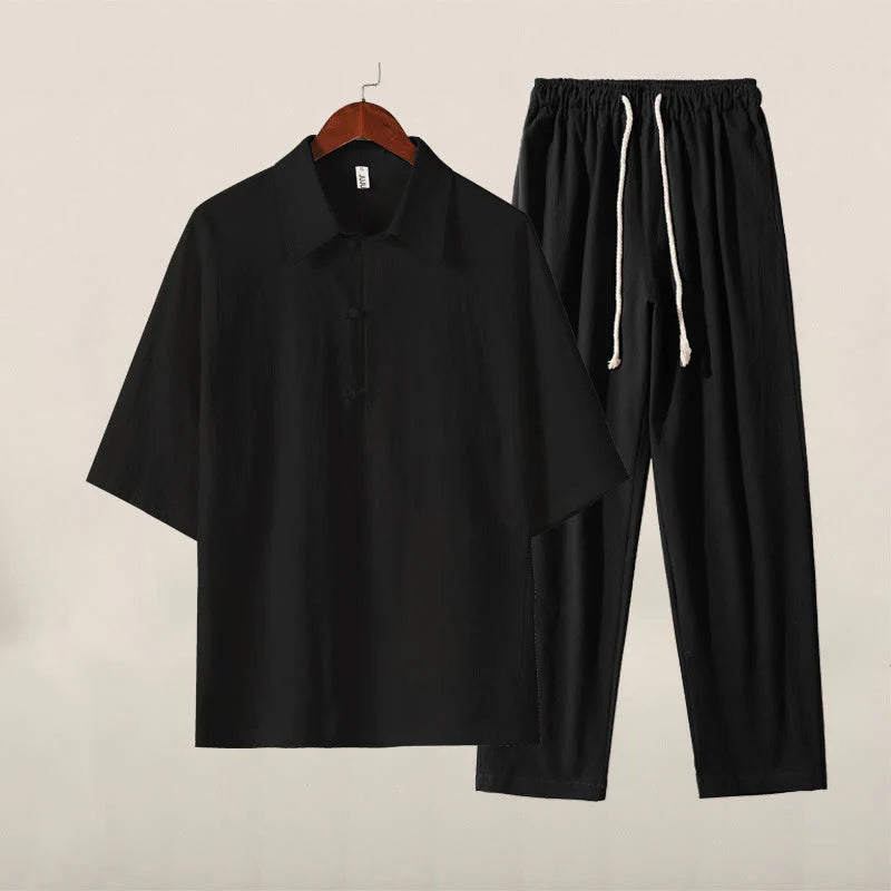 Buddha Stones Casual 2Pcs Pure Color Half Button Design Shirt Drawstring Pants Men's Cotton Linen Meditation Cloth Set With Pockets