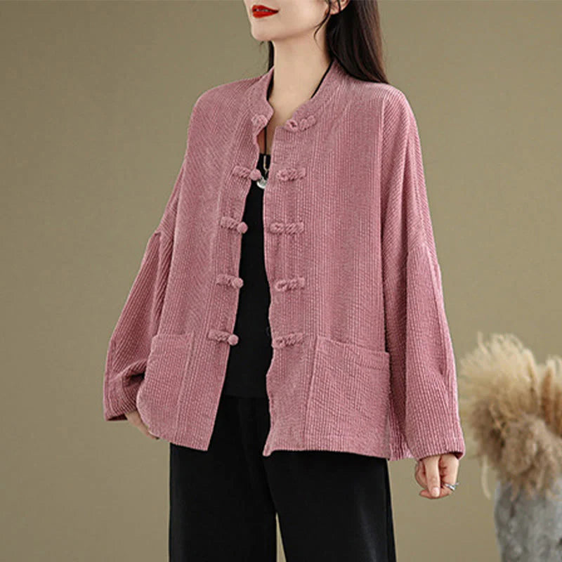 Buddha Stones Frog-button Stand Collar Women's Corduroy Jacket