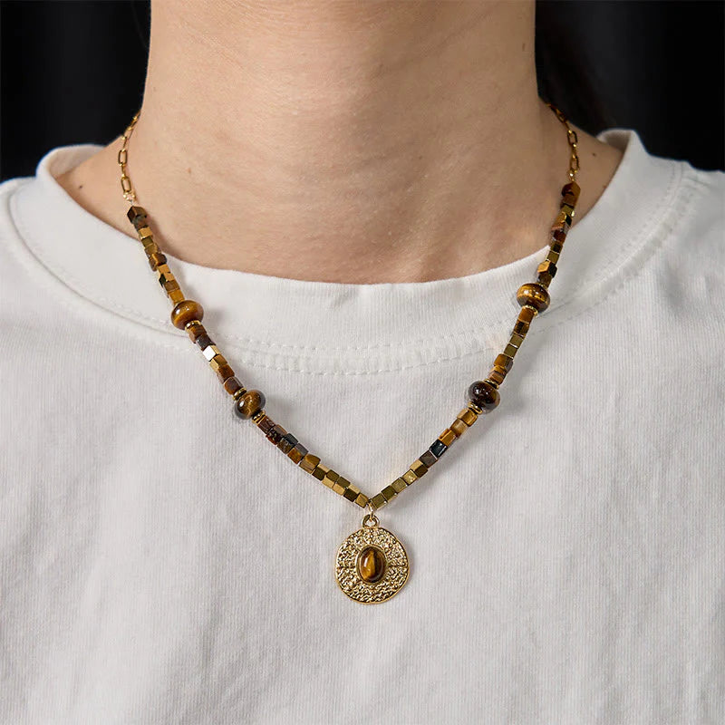 Buddha Stones Natural Tiger Eye Square Protection Titanium Steel Necklace Pendant