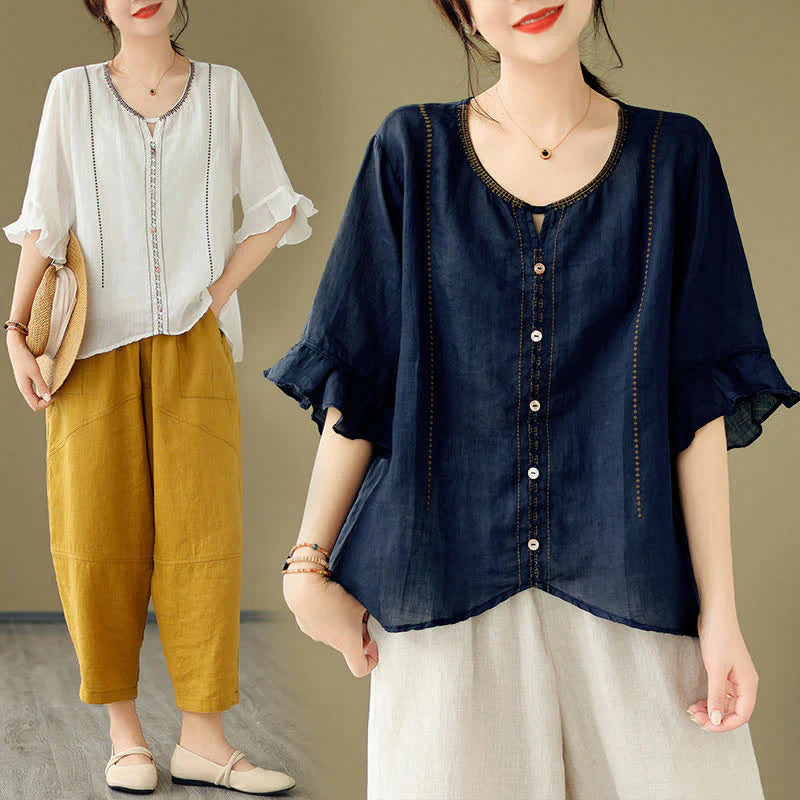 Buddha Stones Embroidery Buttons Crew Neck Flared Short Sleeve Women's Shirt