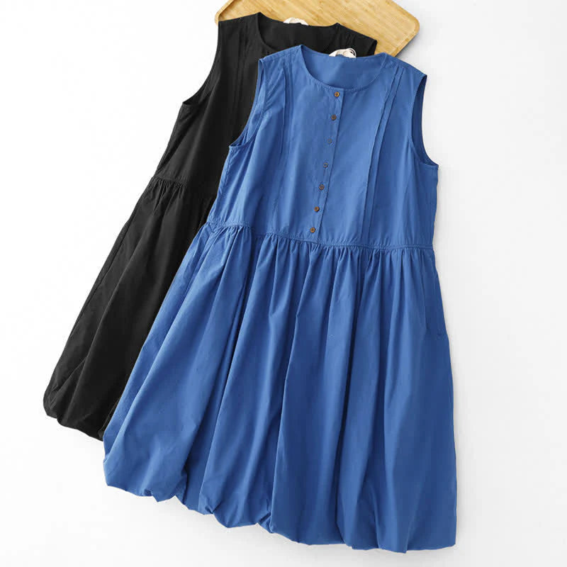 Buddha Stones Summer Buttons Pleated Knee Length Women's Sleeveless Dress With Pockets