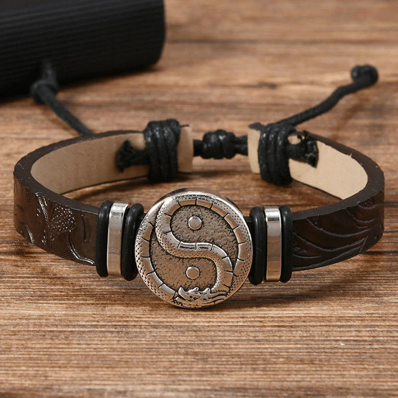 Buddha Stones Round Engraved YIN YANG Dragon Leather Balance Bracelet