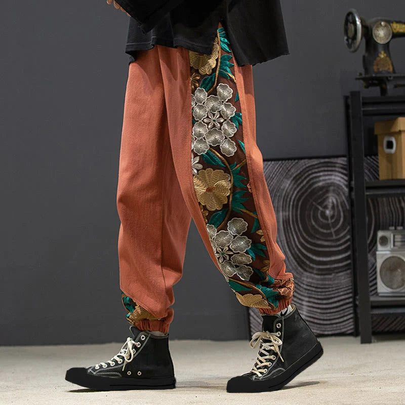 Buddha Stones Spring Men's Embroidered Flower Pattern Patchwork Cotton Pants With Pockets