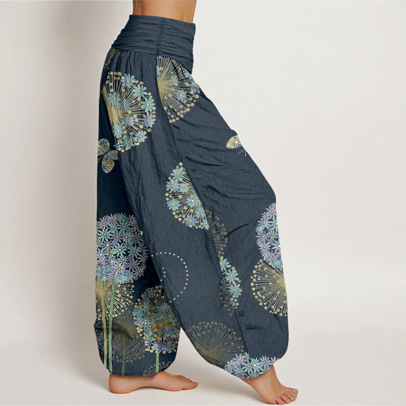 Buddha Stones Cotton Dreamlike Dandelion Butterfly Pattern Women's Elastic Waist Harem Pants