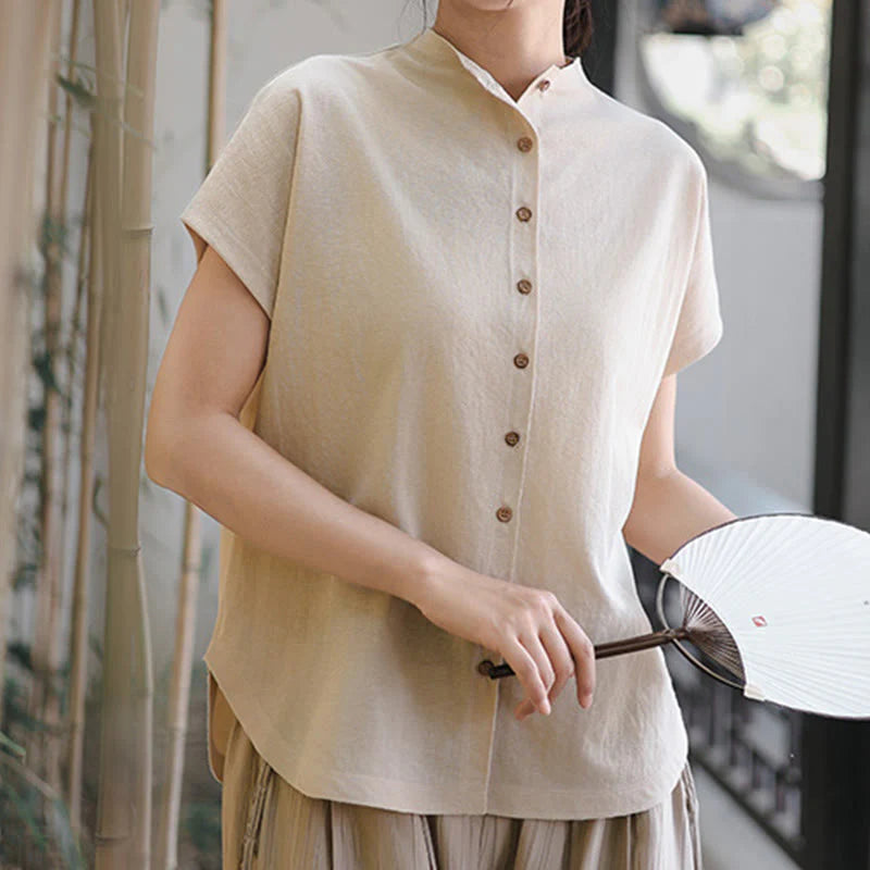 Buddha Stones Vintage Buttons Design Stand Collar Cotton Short Sleeve Women's Shirt