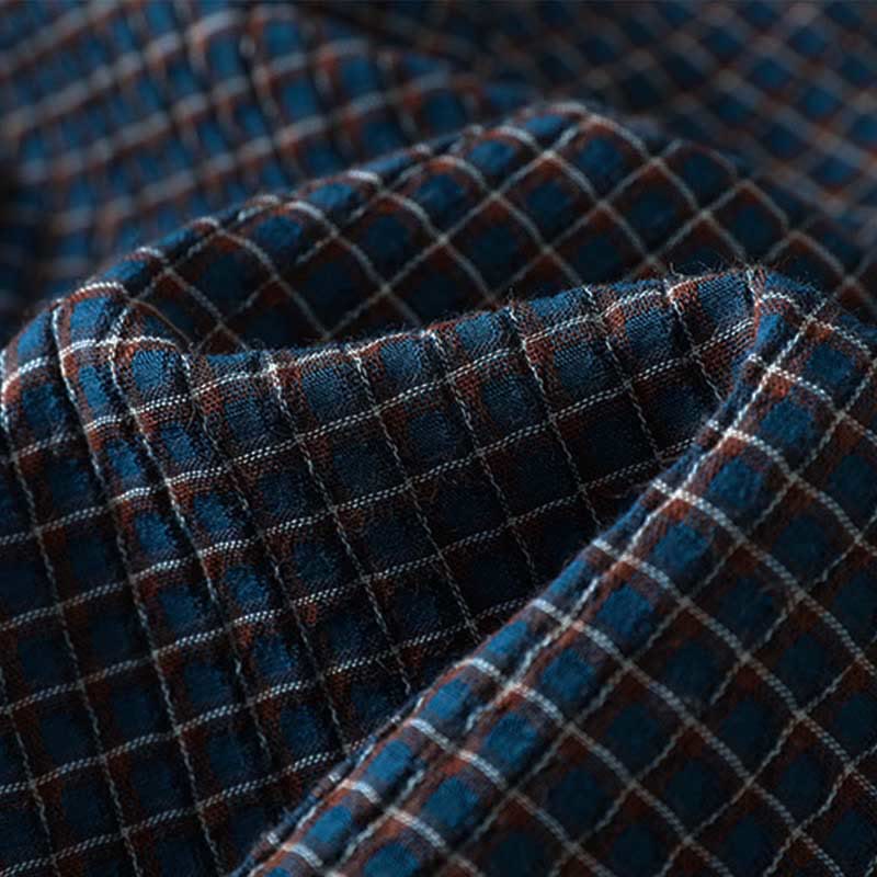 Buddha Stones Fall Blue Plaid V-Neck Buttons Design Women's Cotton Long Sleeve Shirt