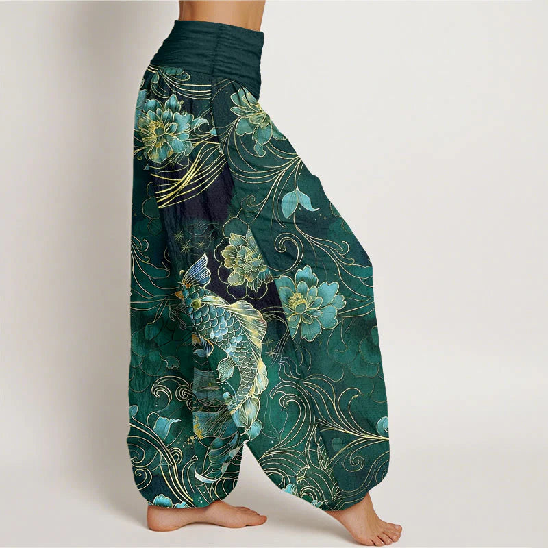 Buddha Stones Pure Cotton Dreamlike Koi Fish Peony Curve Pattern Women's Elastic Waist Harem Pants