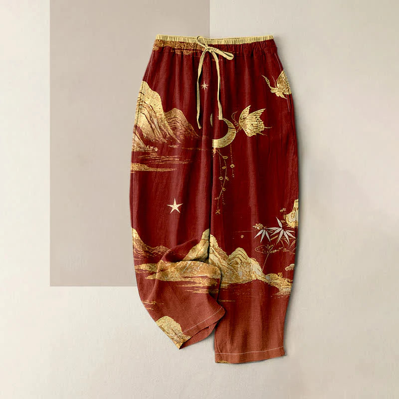 Buddha Stones Cotton Mountain Moon Butterfly Pattern Elastic Waist Women's Pants With Pockets