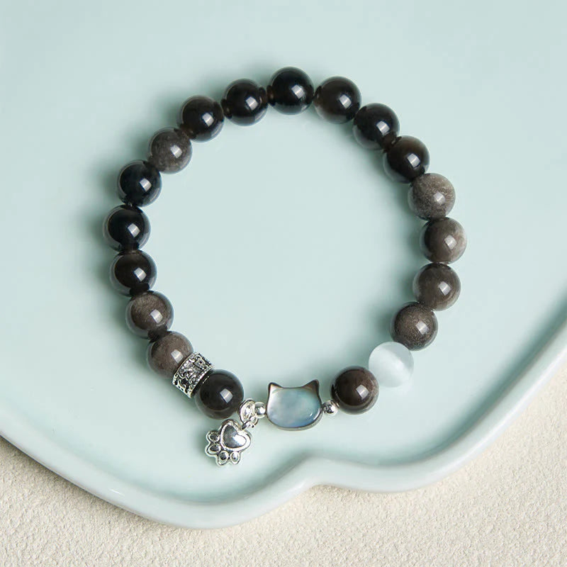 Buddha Stones Cat Head White Cat's Eye Silver Sheen Obsidian Positive Bracelet
