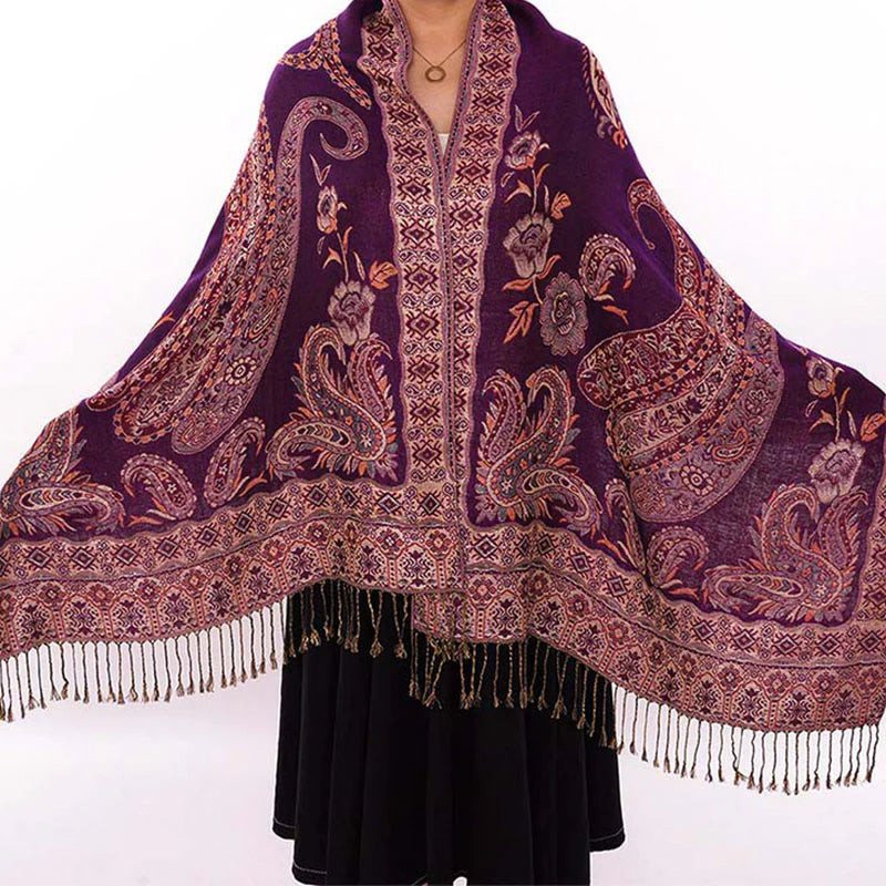 Buddha Stones Bohemia Style Tibetan Paisley Floral Pattern Tassel Cozy Scarf Shawl