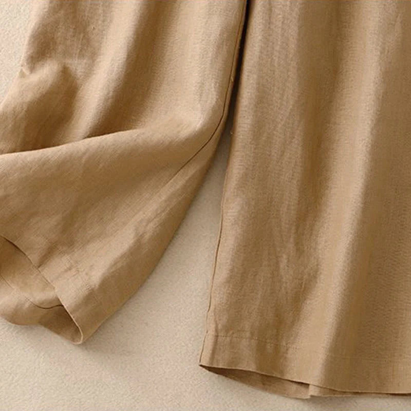 Buddha Stones Daily Solid Color Elastic Waistband Frog-Button Cotton Women's Wide Leg Pants With Pockets