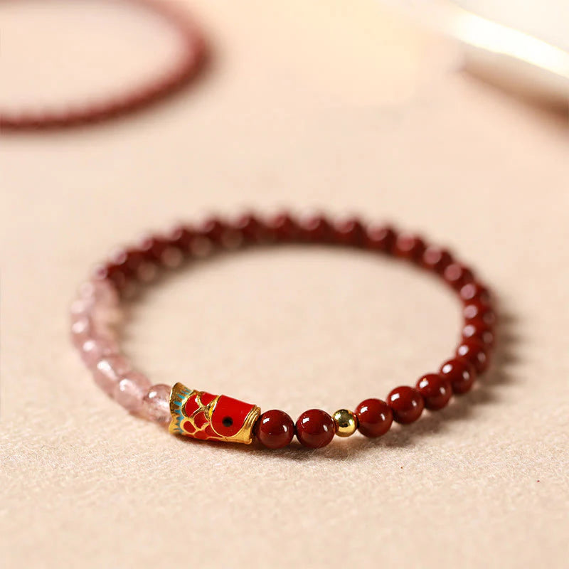 Buddha Stones Natural Cinnabar Pink Crystal Strawberry Quartz Lucky Koi Fish Blessing Bracelet