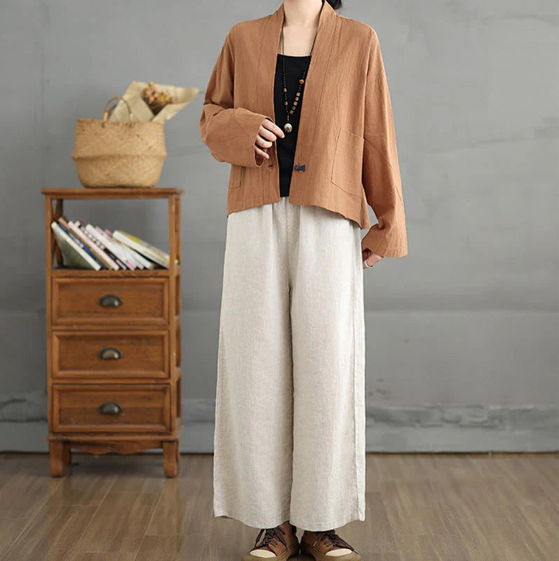 Buddha Stones Casual Vintage Plain Long Sleeve Open Front Cardigan Cotton Linen Jacket With Pockets