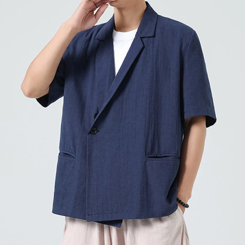 Buddha Stones Spring Plain Asymmetrical Lapel Collar Short Sleeve Men's Cotton Linen Shirt With Pockets
