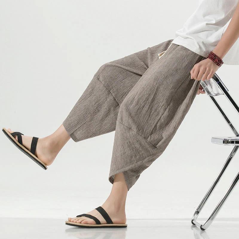 Buddha Stones Plain Simple Design Drawstring 7-8 Length Linen Men's Harem Pants With Pockets