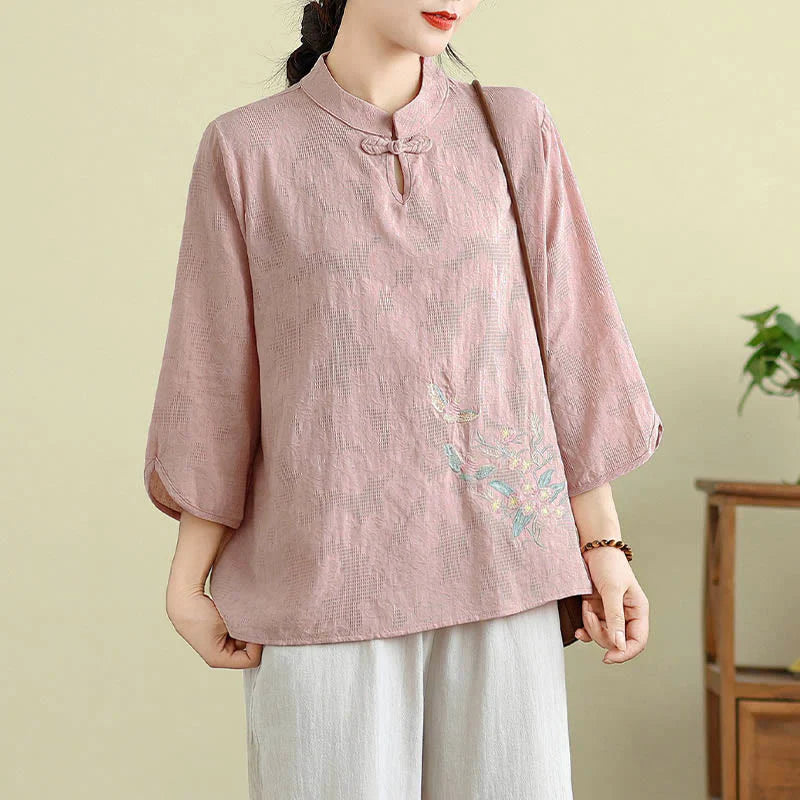 Buddha Stones Flower Embroidery Three Quarter Sleeve One Frog-Button Mandarin Collar Cotton Women's Shirt