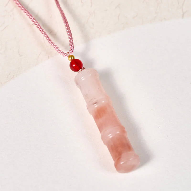 Buddha Stones Craved Bamboo Natural Pink Quartzite Jade Protection Necklace Pendant