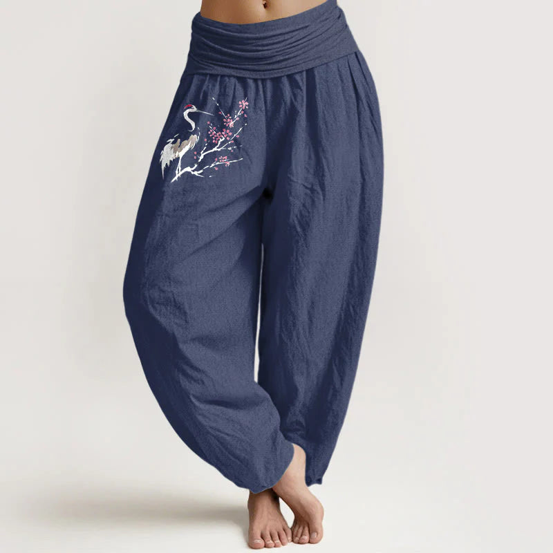 Buddha Stones Crane Blooming Branches Pattern Women's Elastic Waist Harem Pure Cotton Pants