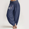 Buddha Stones Crane Blooming Branches Pattern Women's Elastic Waist Harem Pure Cotton Pants