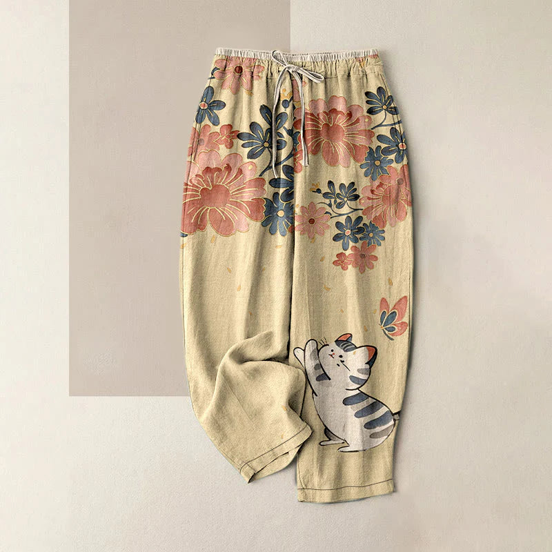 Buddha Stones Pure Cotton Cat Butterfly Pink Blossom Pattern Women's Elastic Waist Pants With Pockets