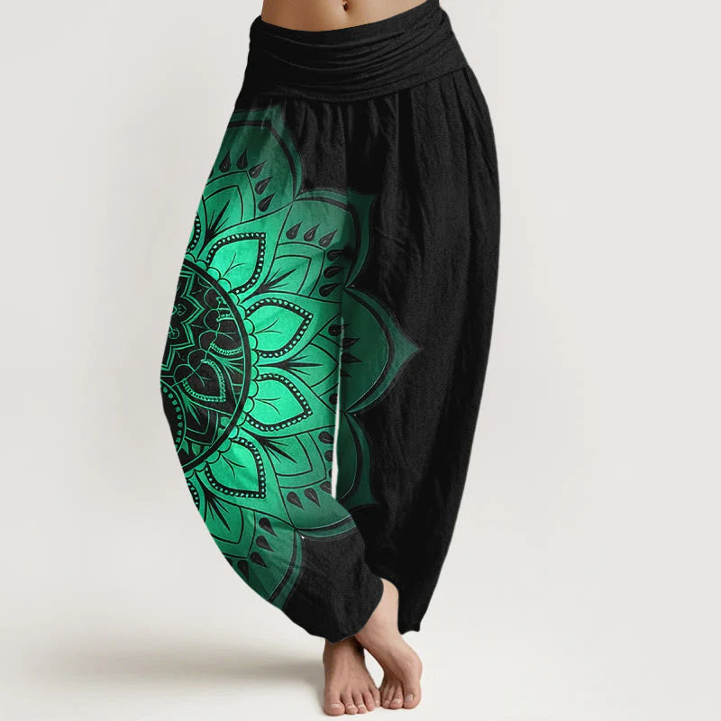 Buddha Stones Cotton Symmetrical Mandala Pattern Women's Elastic Waist Harem Pants