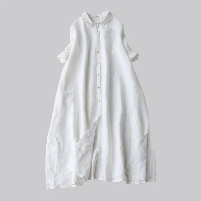 Buddha Stones Fall Solid Buttons Down Lapel Design Three Quarter Sleeve Women's Midi Dress With Pockets