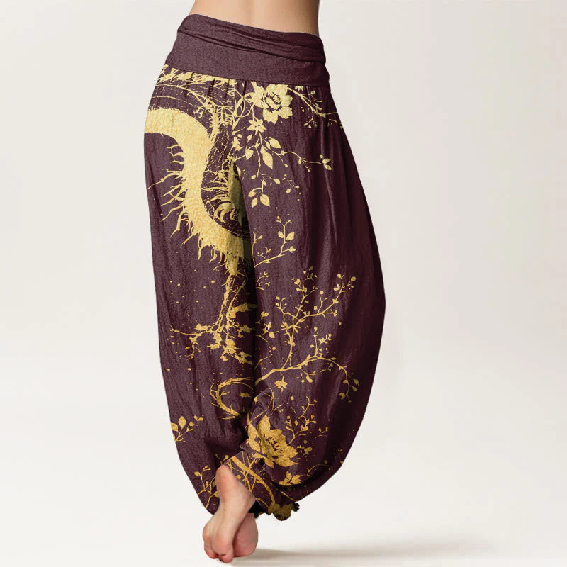 Buddha Stones Cotton Casual Dragon Flower Leaf Pattern Women's Elastic Waist Harem Pants