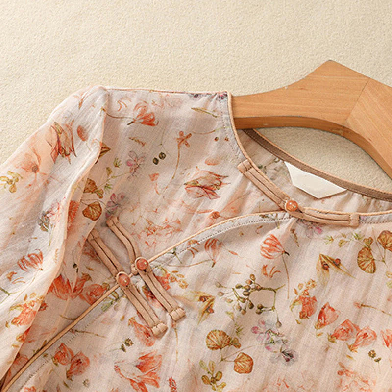 Buddha Stones Summer Casual Printing Frog-Button Design Women's Cotton Linen Long Sleeve Shirt
