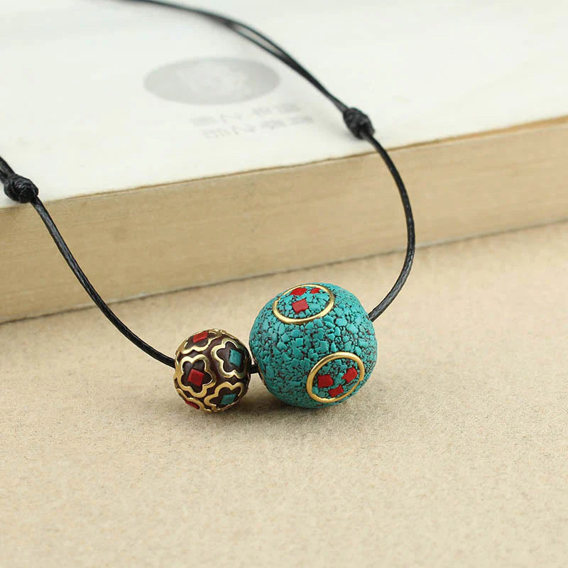Buddha Stones Tibetan Turquoise Double Bead Protection Strength Necklace Pendant