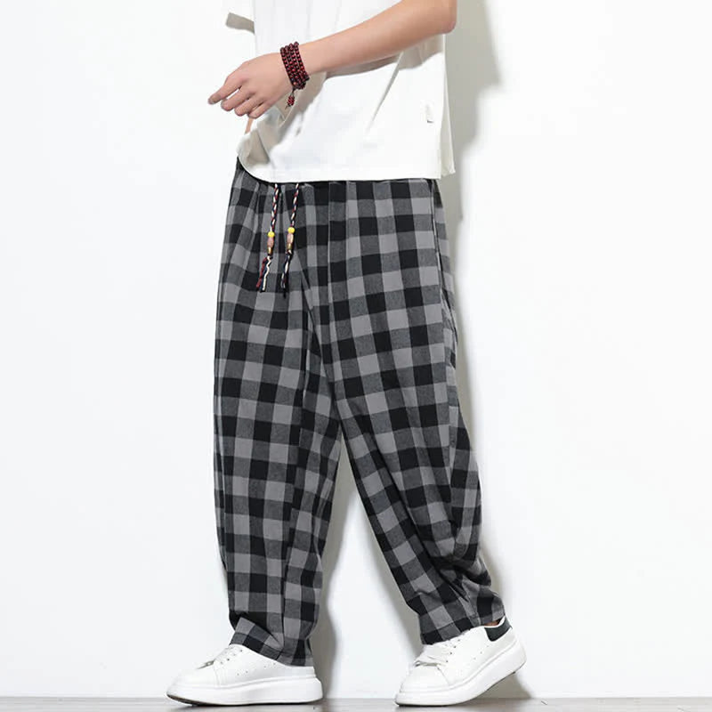 Buddha Stones Summer Plaid Pattern High Waist Drawstring Men's Harem Pants With Pockets