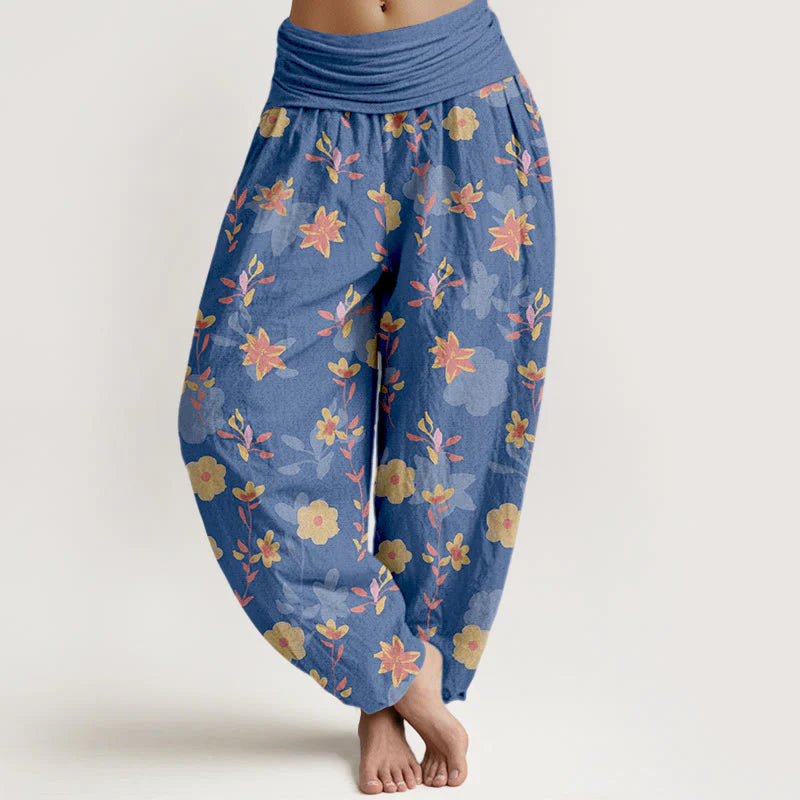Buddha Stones Cotton Simple Refreshing Flower Leaf Pattern Women's Elastic Waist Harem Pants
