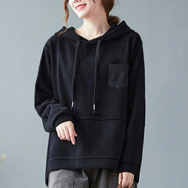 Buddha Stones Fall Solid Color Decorative Pocket Cotton Long Sleeve Women's Hoodie