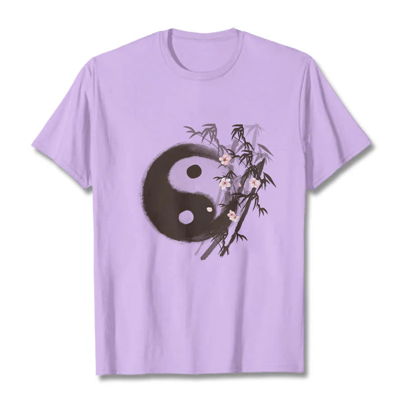 Buddha Stones Yin Yang Bamboo Cherry Blossom Pattern Tee T-shirt