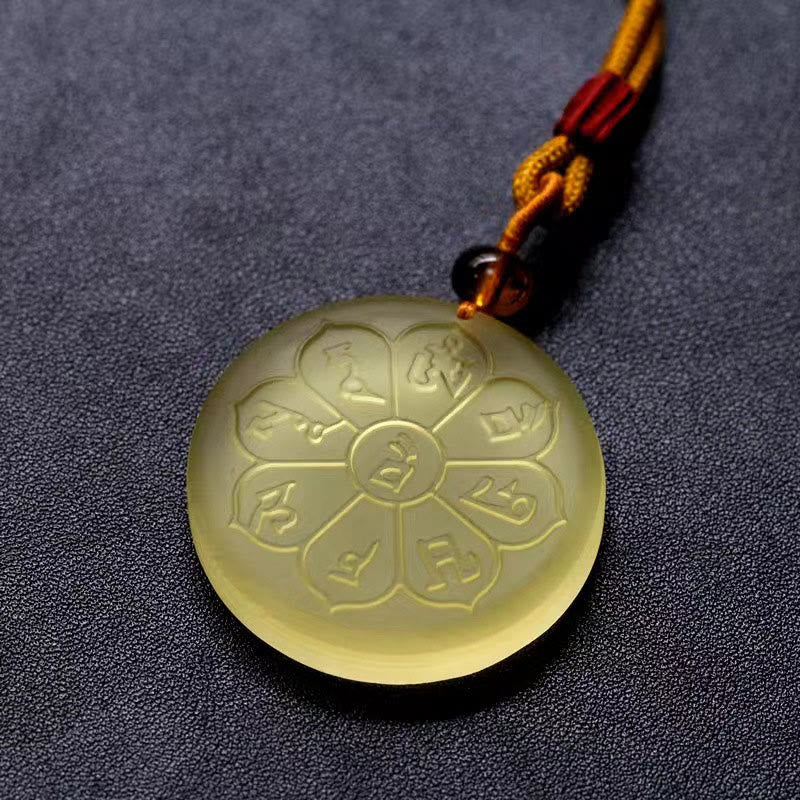 Buddha Stones Liuli Crystal Wealth God Mantra Abundance Eight-petal Shape Necklace Pendant