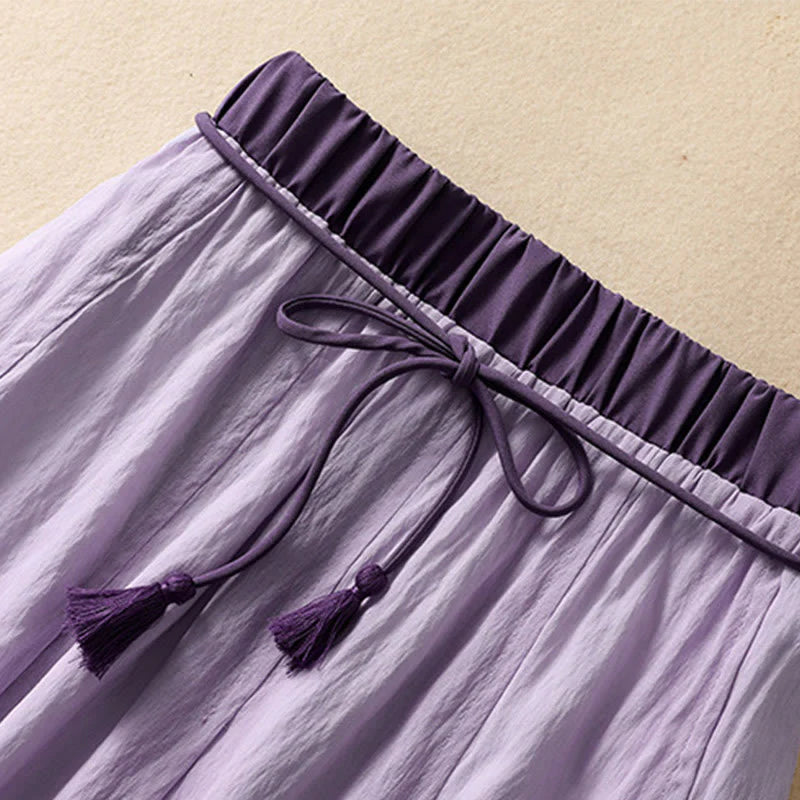 Buddha Stones Casual Contrasting Color Pleated Lace-Up Design Women's Cotton Linen 7-8 Length Skirt