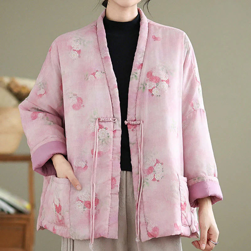Buddha Stones Printed Flowers Women's Long Sleeve Jacket With Pockets