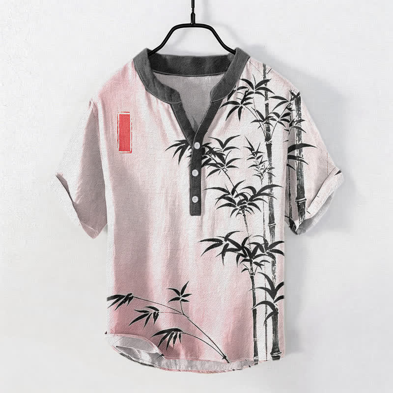 Buddha Stones Cotton Bamboo Emblem Men's Short Sleeve Half Button Shirt