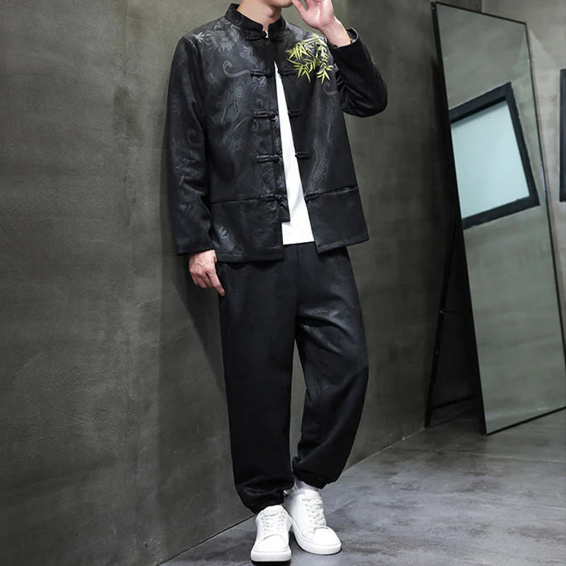 Buddha Stones 2Pcs Spring Dragon Bamboo Clouds Men's Tang Suit Frog-Button Cotton Long Sleeve Jacket Pants Set With Pockets
