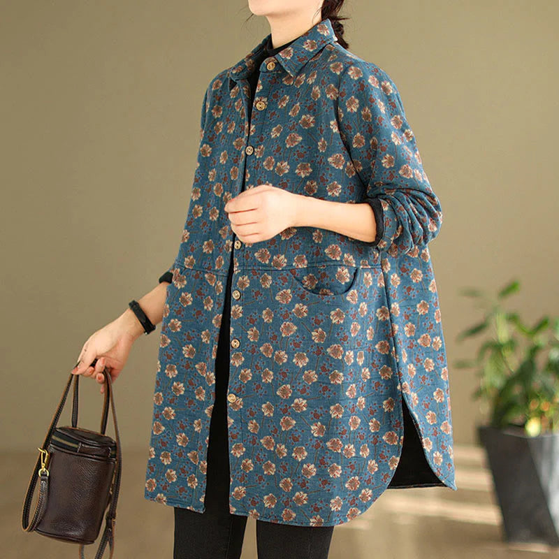 Buddha Stones Fall Winter Buttons Flower Patterns Long Sleeve Cotton Women's Jacket With Pockets