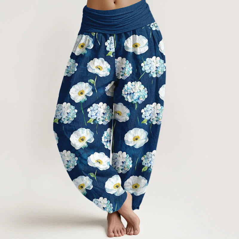 Buddha Stones Cotton Fresh Elegant Flower Pattern Women's Elastic Waist Harem Pants