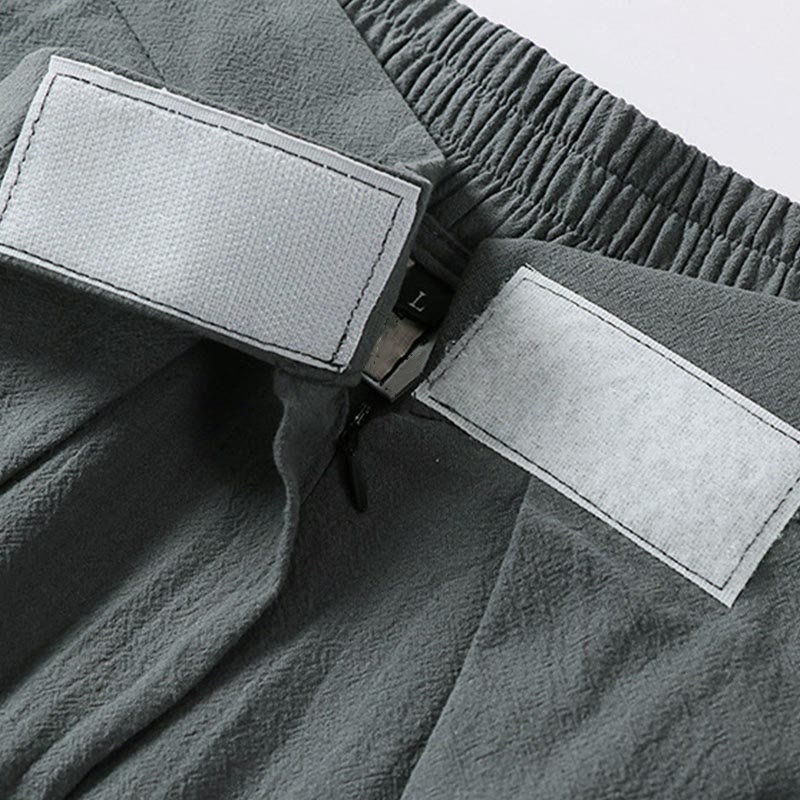 Buddha Stones Plain Straight Leg Zipper Design Men's Cotton Linen Pants With Pockets