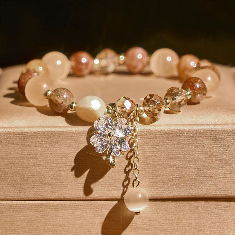 Buddha Stones Four Leaf Clover Amethyst Citrine Green Strawberry Quartz Rutilated Quartz Balance Bracelet