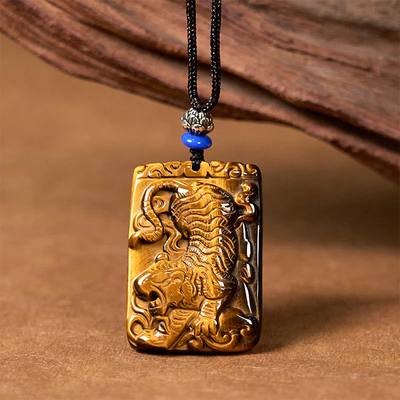 Buddha Stones Natural Tiger Eye Square Tiger Pattern Protection Rope Necklace Pendant