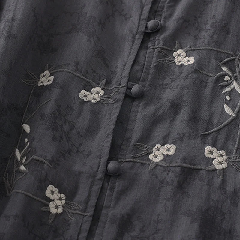 Buddha Stones Stand Collar Embroidery Button Design Three Quarter Sleeve Summer Women's Shirt